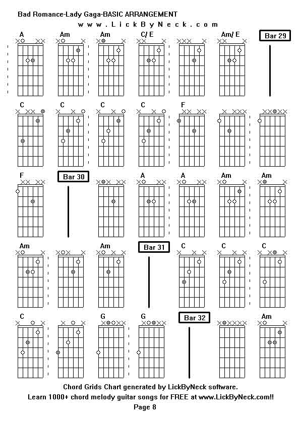 Chord Grids Chart of chord melody fingerstyle guitar song-Bad Romance-Lady Gaga-BASIC ARRANGEMENT,generated by LickByNeck software.